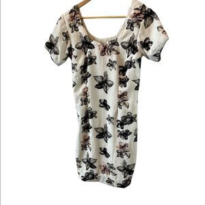 Cream Floral Print Scallop Neck Short Sleeve Mid Length Dress S